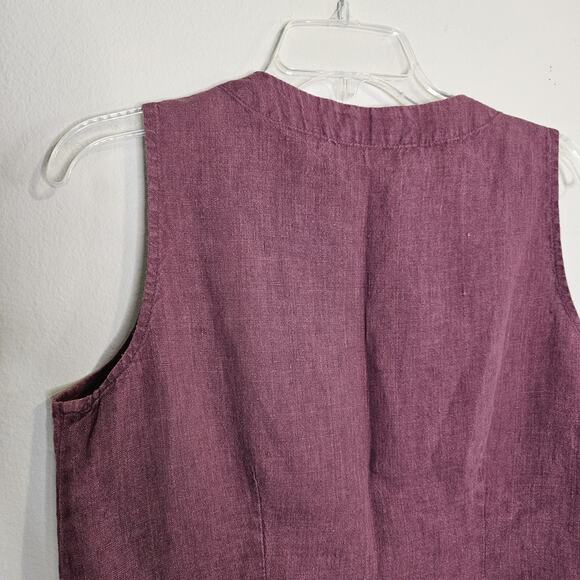 Flax Sleeveless Top Plum Washable Linen Sleeveless V-Neck Button Accent Size S - Picture 5 of 7